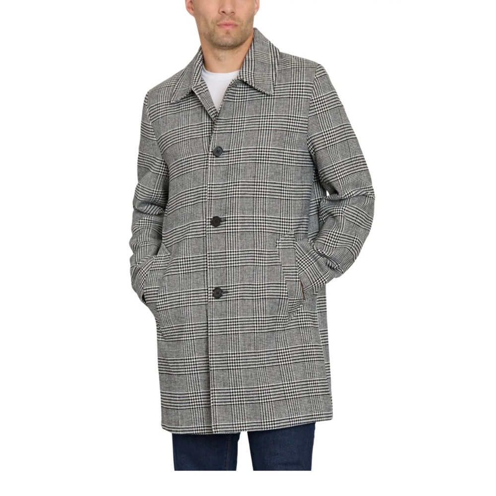 SEAN JOHN CLASSIC SINGLE BREASTED PLAID PATTERN OVERCOAT MEN BLACK COLOR SIZE M